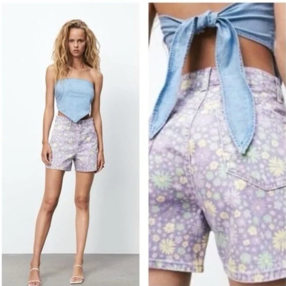 Zara Purple Floral High Waist Women's Shorts